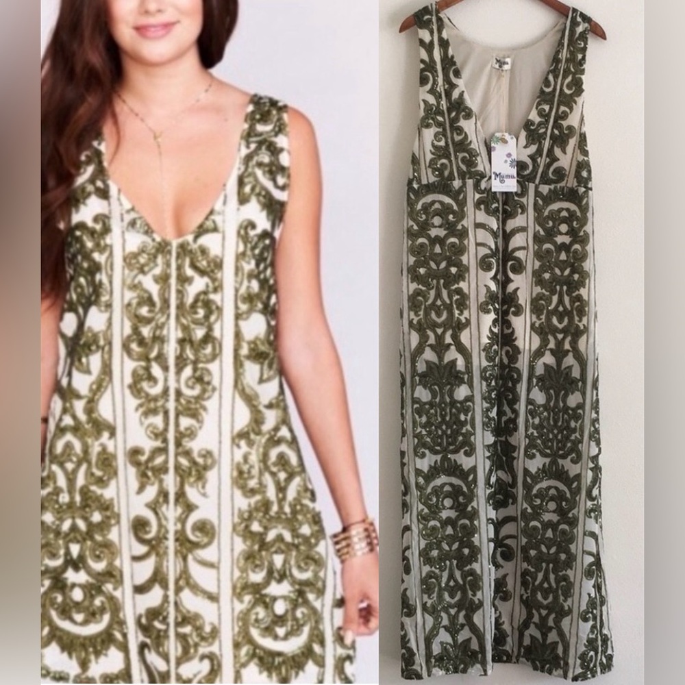 NWT Show Me Your Mumu Double Dipper Green Sequin Maxi Dress